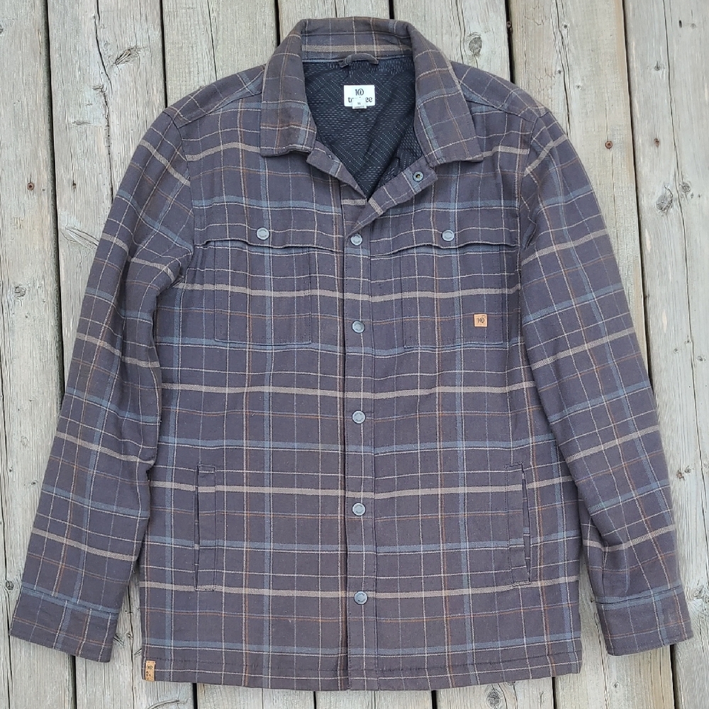 Tentree Men's Plaid Shirt Jacket Organic Cotton Hemp Blend Tan, Blue, Grey